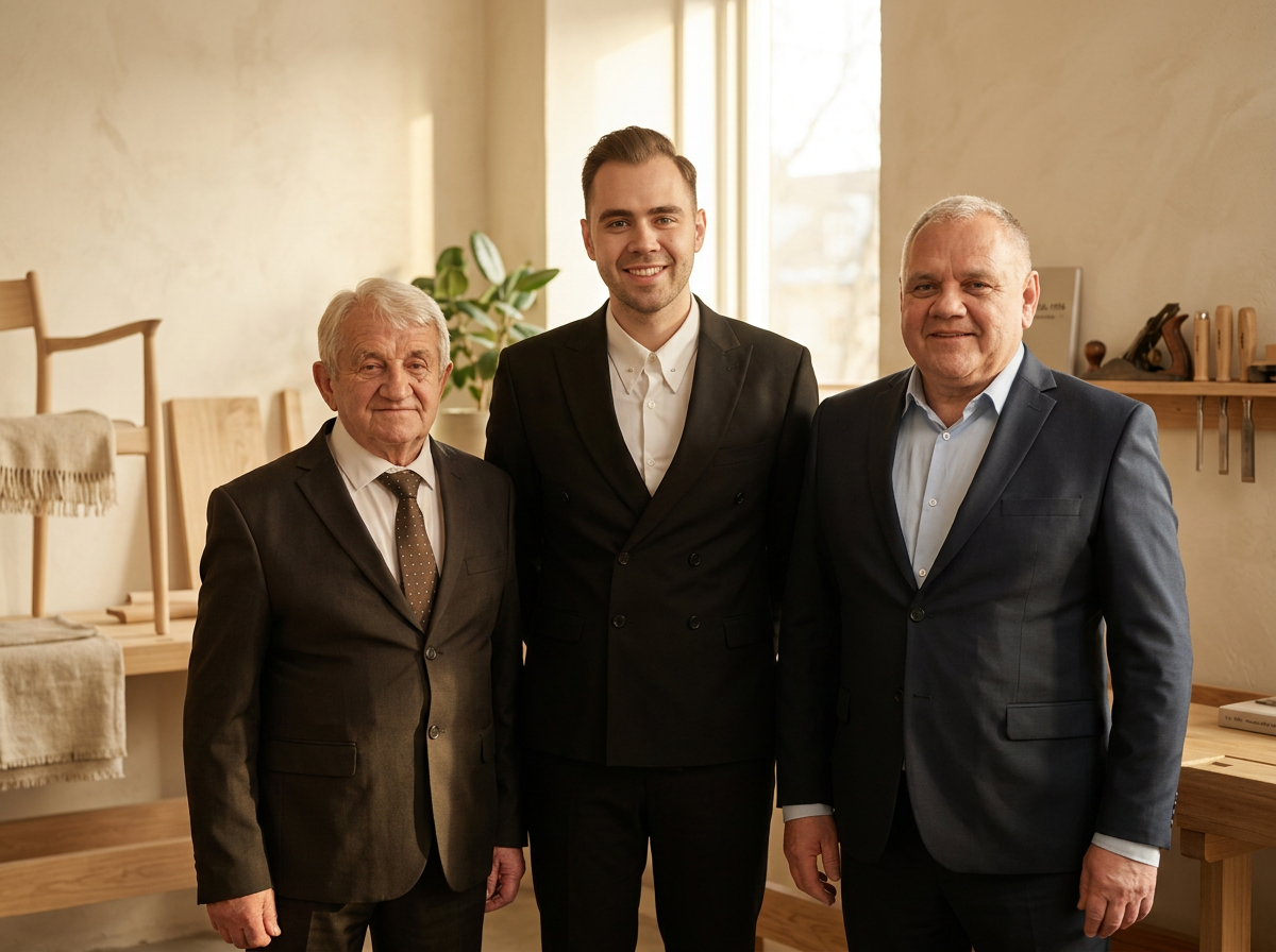 Five generations of the WOODAIM family with wood — Andrius, his father and grandfather, following two earlier generations of Lithuanian foresters