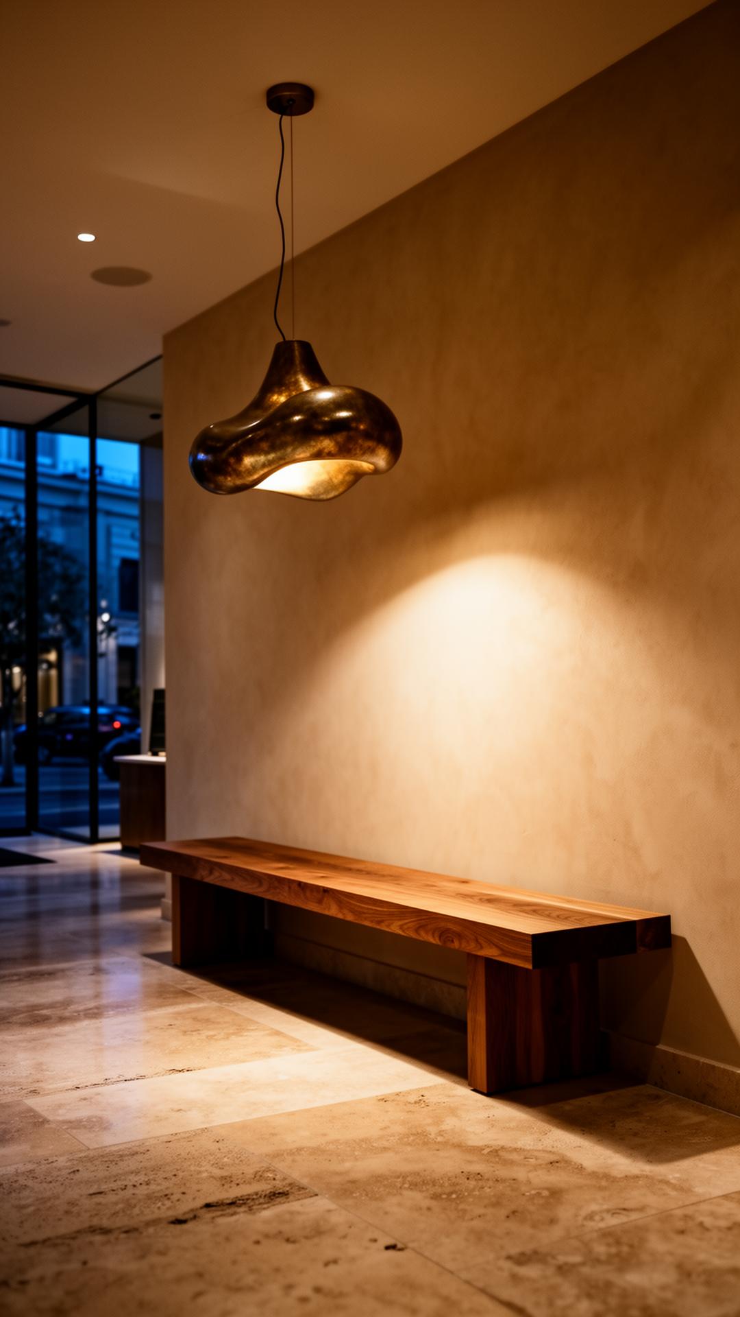Boutique hotel lobby with a custom solid oak bench