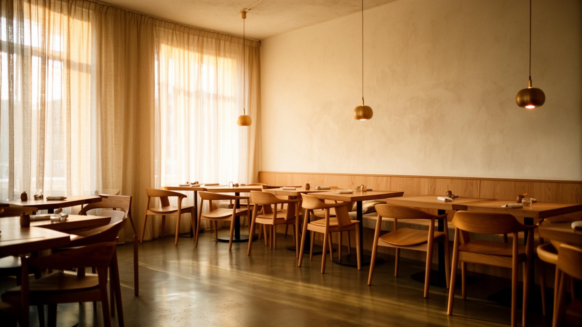 Premium boutique hotel restaurant interior with solid oak dining furniture, manufactured by WOODAIM